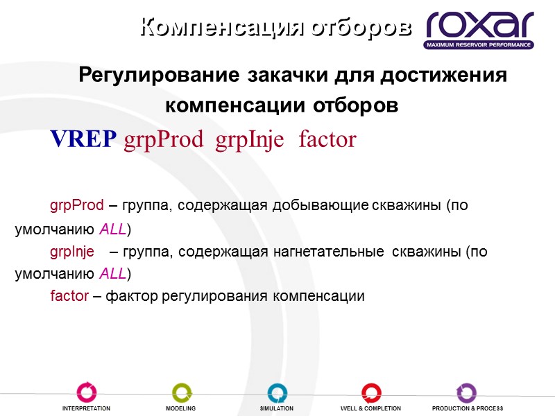 Регулирование закачки для достижения компенсации отборов  VREP grpProd  grpInje  factor 